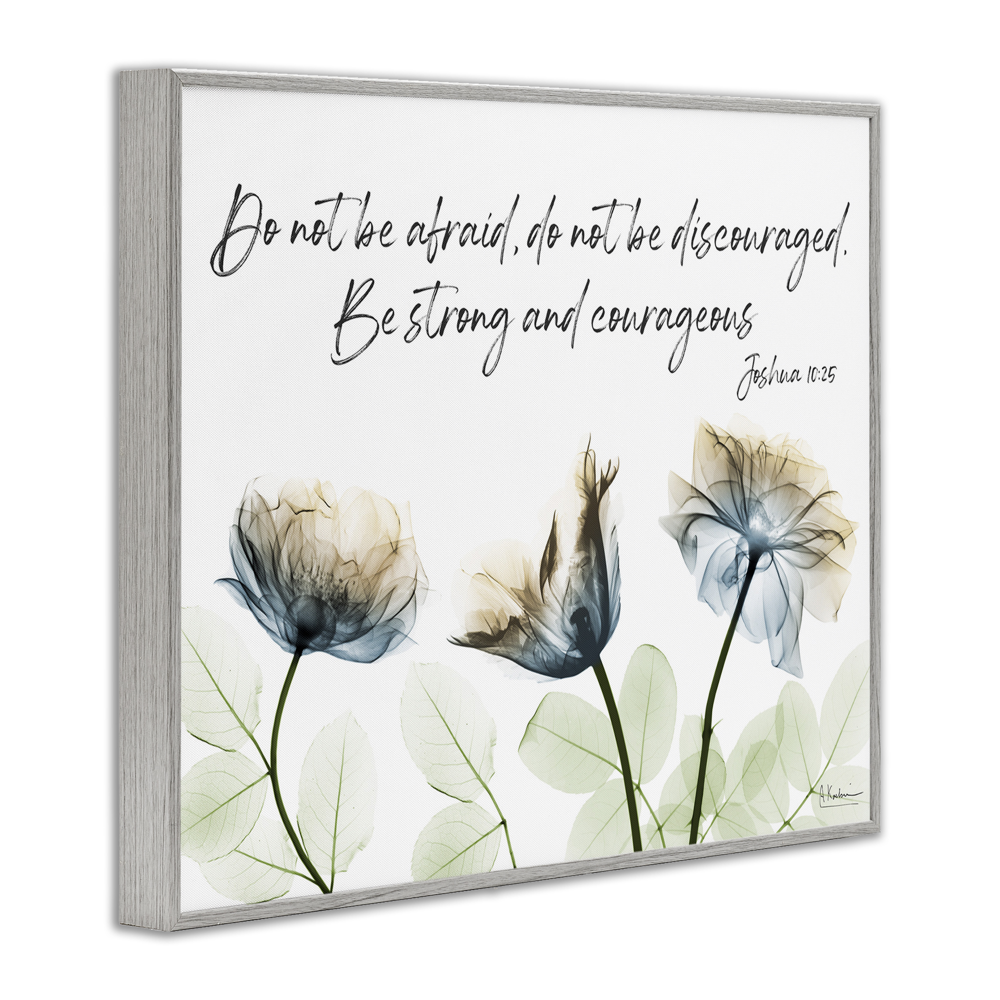 Stupell Industries Strong & Courageous Floral Religious Painting Gray Framed Art Print Wall Art, 30 x 24