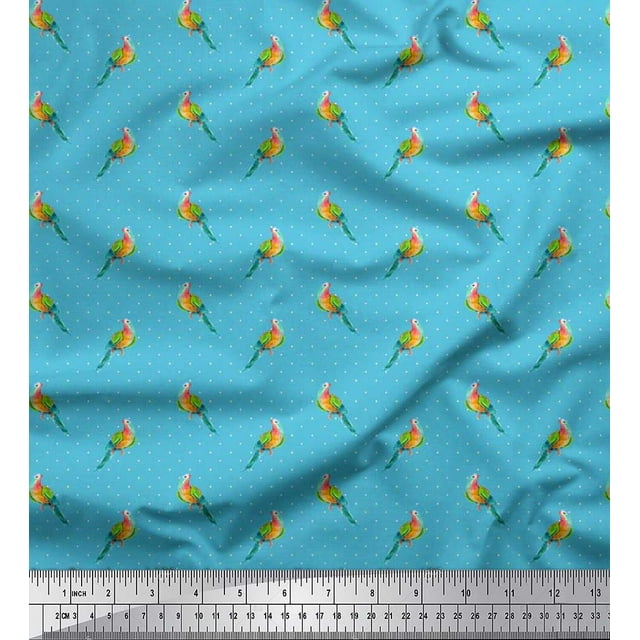 Soimoi Cotton Voile Fabric Dot & Parrot Bird Printed Fabric 1 Yard 56 Inch Wide