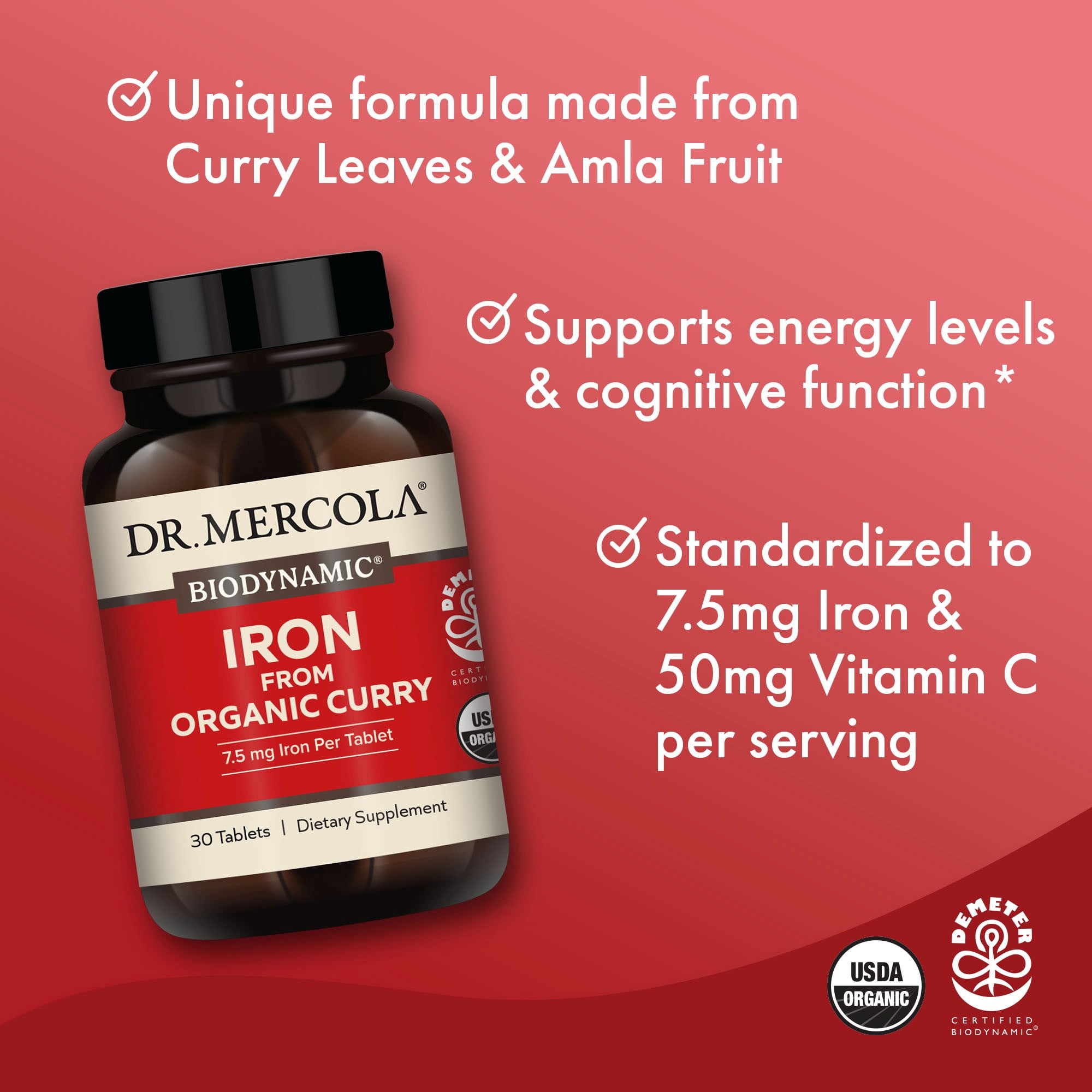 Dr. Mercola Iron from Organic Curry, 30 Servings (30 Tablets), 7.5 mg Iron Per Tablet, Dietary Supplement, Supports Immune Health, Regenerative, Certified USDA Organic, Non-GMO - 2 Pack