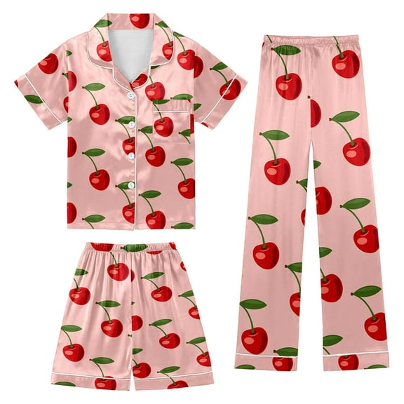 Girls Pajamas 3 Piece Set Satin Button Down Pjs Short Sleeve Top Shorts & Long Pants Cute Cartoon Valentine's Day Pajama Sets Loungewear Nightwear Sleepwear for Ages 5-14