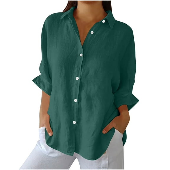 YUGYXL Classic Linen Tshirts for Women 3/4 Length Solid Color Loose Cozy Shirts Summer Button Down Turndown Collar Clothes Business Comfy Tees