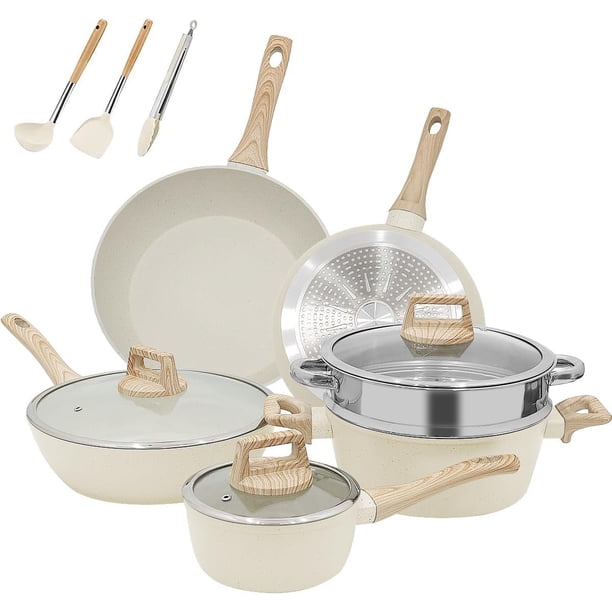Juego de Ollas y Sartenes Antiadherentes, bateria de cocina 12 Piezas, Sarten Batería de Cocina con Mango Desmontable, Sartén para Freír Apto para Cocina de Inducción y Horno, Granito Blanco