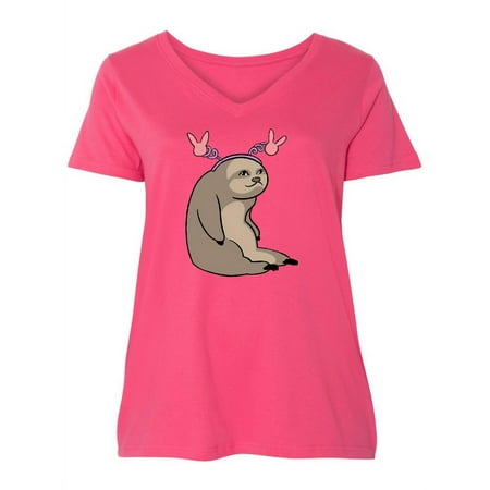 

Inktastic Easter Sloth with Pink Bunny Ears Women s Plus Size V-Neck