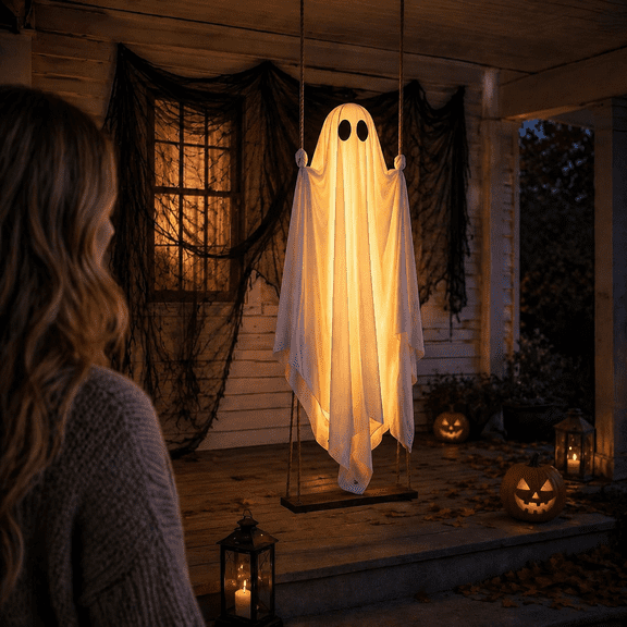 Swinging Ghost Outdoor Decor – Light Up Hanging Ghost Halloween Decorations, Spooky Ghost Decor for Tree, Yard, Porch, Patio, Indoor Outdoor Halloween Party Decorations