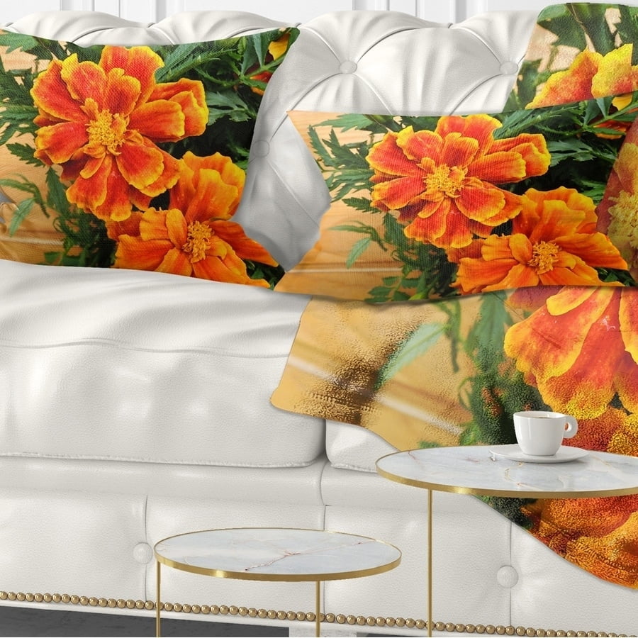 Design Art Designart Marigold Flower On Wooden Background Floral Throw Pillow Walmart Com Walmart Com