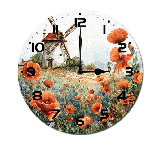 ZXCXRQFa Wildflower Windmill Home Decorative Haning Clock Wall Decor Silent Non Ticking Round Clock for Living Room Kitchen Bedroom Dining Room 10 Inch