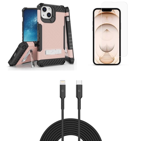 Bemz iPhone 13 Bundle: Tri Shield Shockproof Armor Rugged Case (Pink), Premium Glass Screen Protectors (2-Pack), USB-C to Lightning Cable (3.3ft/1m)