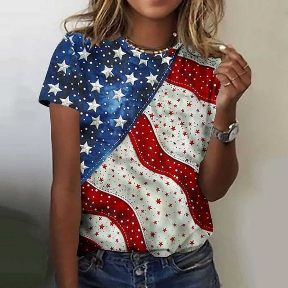 Inverlee Womens Independence Day Shirts Plus Size American Flag Print Patriotic Tshirts Cute Short Sleeve Tees Trendy Round Neck Blouses Tops