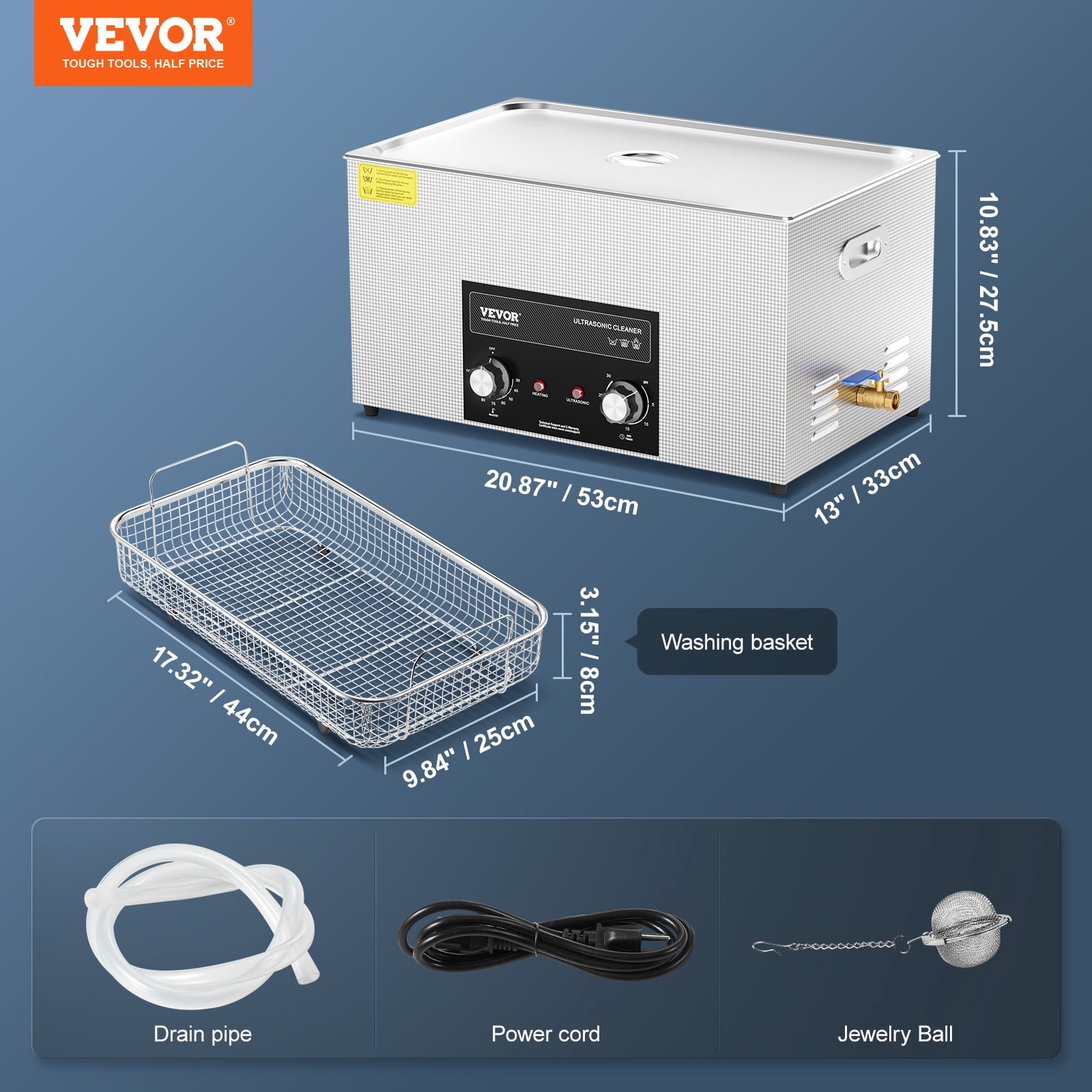 VEVOR 22L Ultrasonic Cleaner with Heater Timer & Basket, Professional Digital Sonic Cavitation Machine, 480W Cleaning Machine for Lab Tools, Metal Parts, Carburetor, Brass, Auto Parts, Engine Parts