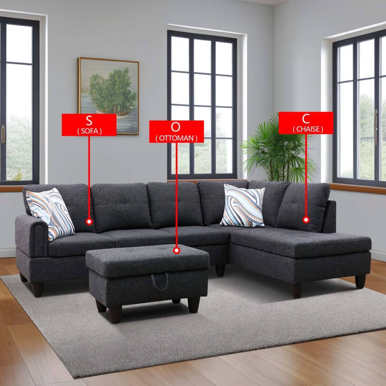 97" L Shape Couches, Sectional Couch with Storage Ottoman,Modular Sofa with Chaise for Living Room, Apartment Office, Dark Grey