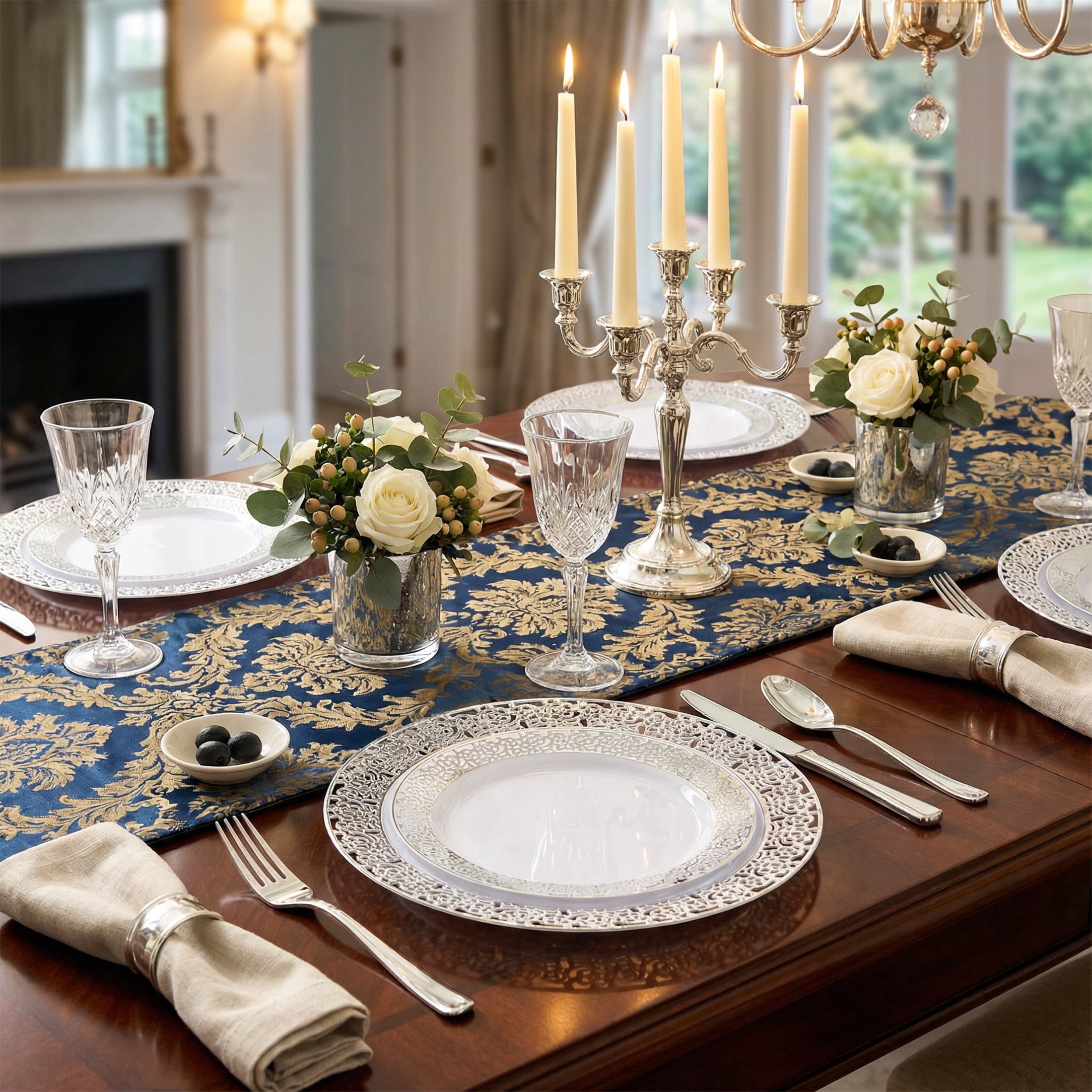 350Pcs Silver Plastic Plates Sets - Dinnerware Sets for 50 Guests,Decorative Plates for Festival Wedding Party