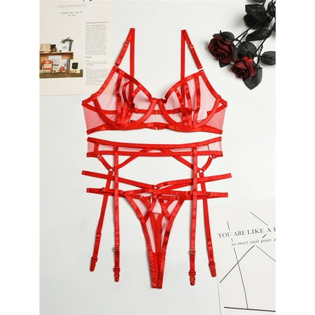 

Solid Bra Thong Garter Belt Lingerie Set