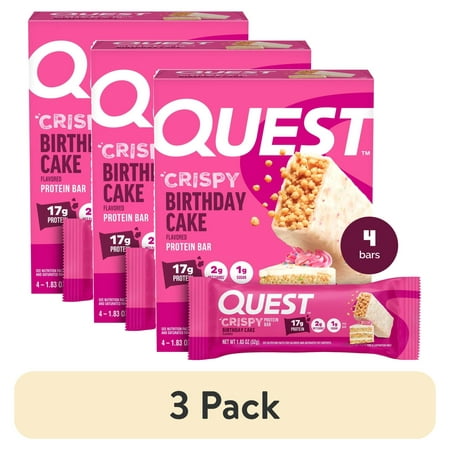 (3 pack) Quest Crispy Hero Protein Bar, Birthday Cake Flavor, Low Sugar, 4 Count