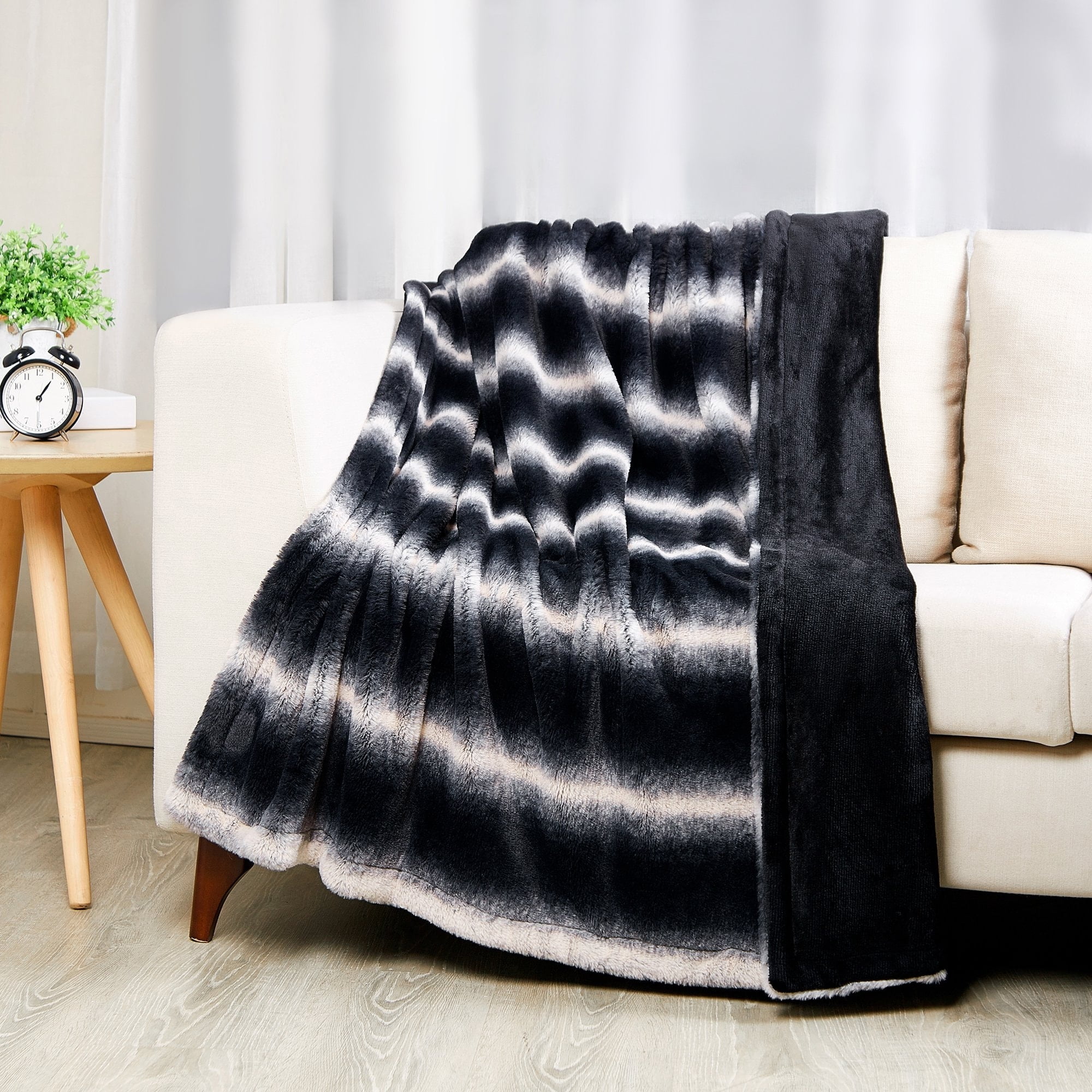 SoftLux Ombre Brown and White Striped Velvet Plush Fleece Throw Blanket, 50" x 60", Adults and Teens