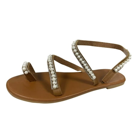 

sandals for Women Ladies Fashion Summer Exquisite Rhinestone Pearl Flip Flops Flat Beach Sandals PU Dress Sandals for Women Brown