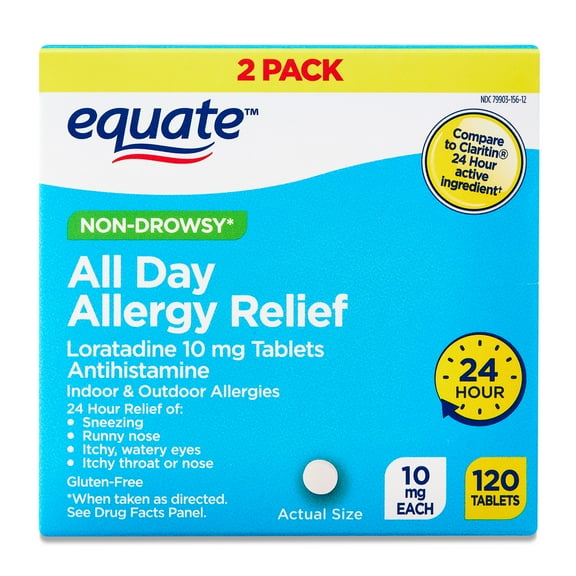 Equate Non-Drowsy All Day Allergy Relief Loratadine 10 mg Tablets Antihistamine, 120 Count (2x60 Count), Compare to Claritin® 24 Hour Active Ingredient