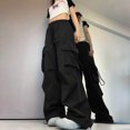 thumbnail image 2 of CIENVNSTG High Waisted Baggy Casual Cargo Trousers For Women Solid Color Drawstring Loose Wide Leg Y2K Streetwear Soft Comfy Palazzo Bottoms For Daily Street Casual Wear Black M, 2 of 5