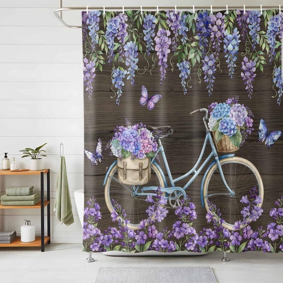 Shower Curtain Purple Flowers Shower Curtains for Bathroom Decor, Waterproof Polyester Shower Curtain Set with Hooks, Small Stall Size 36" x 72" Bicycle Vintage Floral