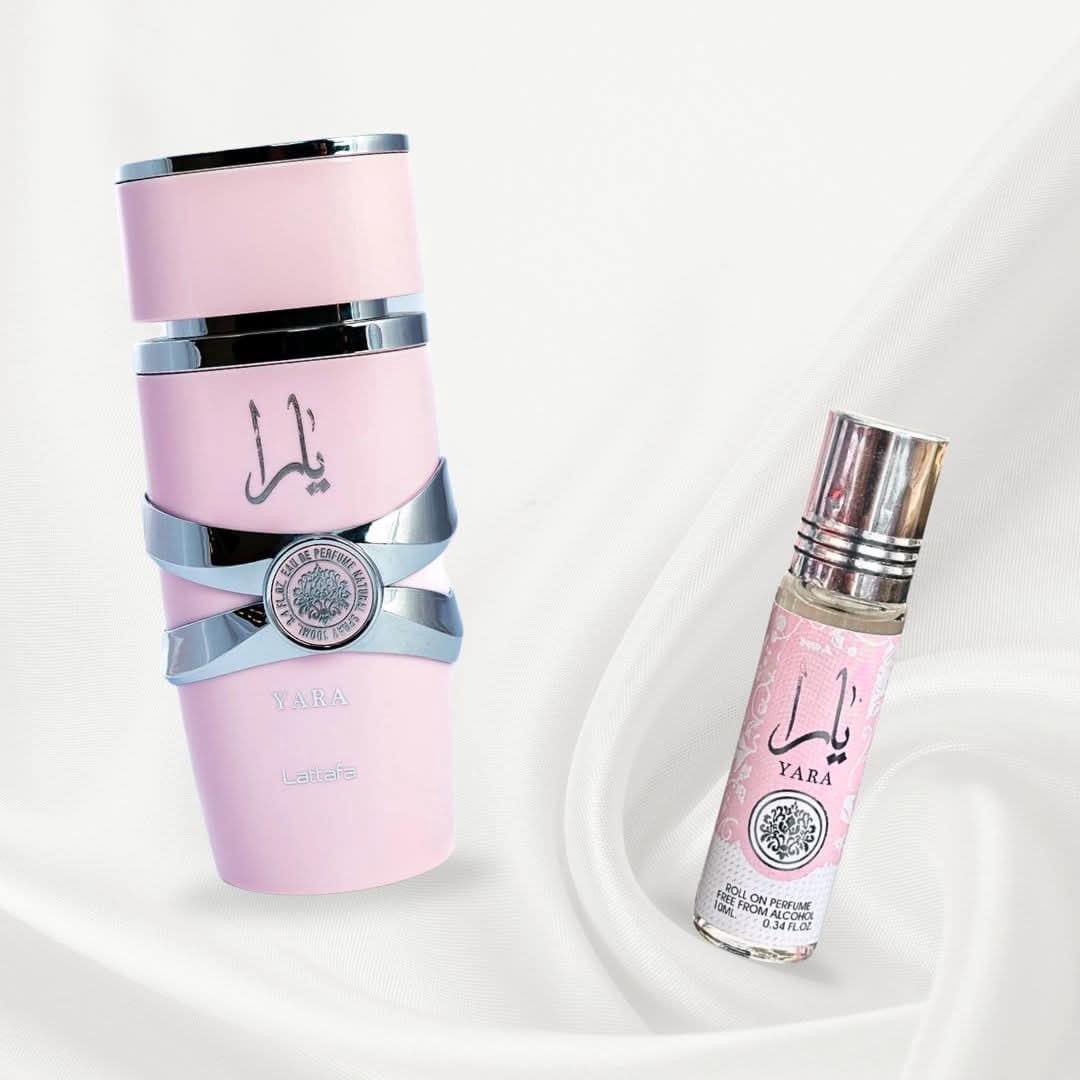 Yara Eau de Parfum Spray 100ml (3.4 oz) by Lattafa & Yara Roll-On Perfume Oil CPO 10ml (0.34 oz) by Ard Al Zaafaran (Bundle)