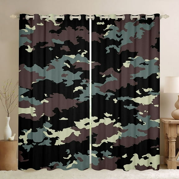 Homewish Rustic Camo Black Out Curtains,Country Farmhouse Lodge Curtains Pack of 2 (42x63 Each),Green Brown Black Bedroom Curtains For Boys Kids,Ultra Soft Home Decor