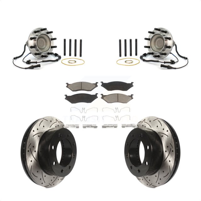 Transit Auto Front Hub Bearing Assembly Coated Drilled Slotted Disc Brake Rotors and Ceramic Pads Kit for Car 2005-2009 Ford F-450 Super Duty 4 X 2 with 8 Lug Wheels KBB-125504