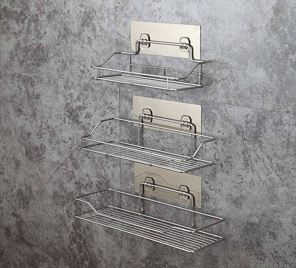 Stainless Steel Shelf Shower Basket Bathroom Wall Mounted Storage Rack Adhesive 