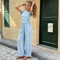 thumbnail image 5 of SGFCWSX Girls Summer Outfits 2 Piece Henley Neck Tops Elastic Waist Straight Leg Pants Casual Daily Clothing Set Blue Size 14, 5 of 6