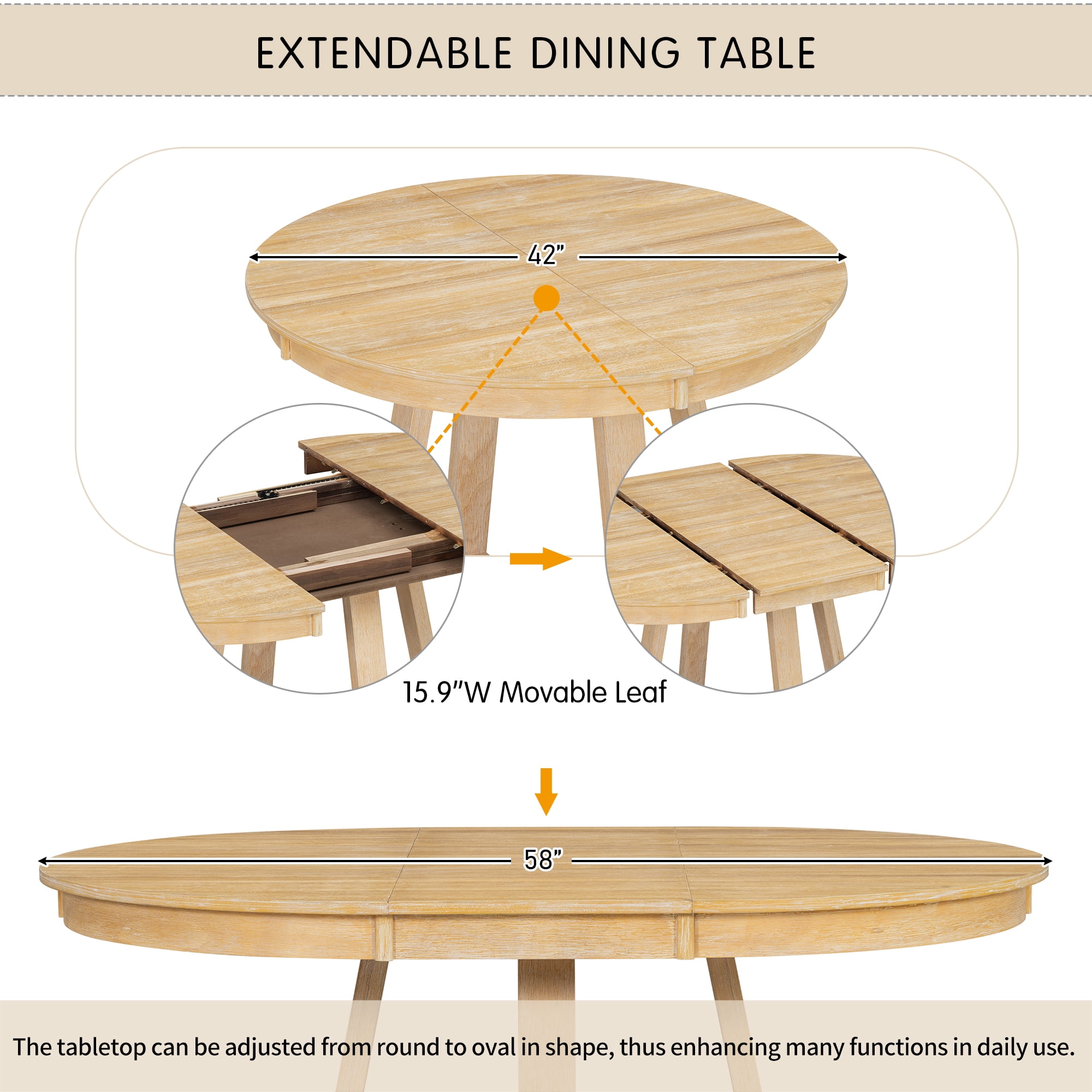 5-Piece Dining Table Set for 5, 42"-58" Extendable Round Dining Table with 4 Upholstered Chairs