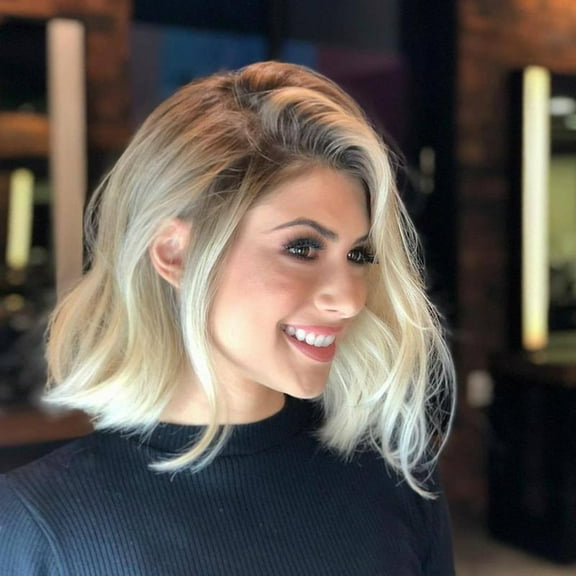 Bouanq Wavy Bob Wig Fluffy Natural Ombre Silver Wig Synthetic Hair Shoulder Length Short Curly Wigs for Women