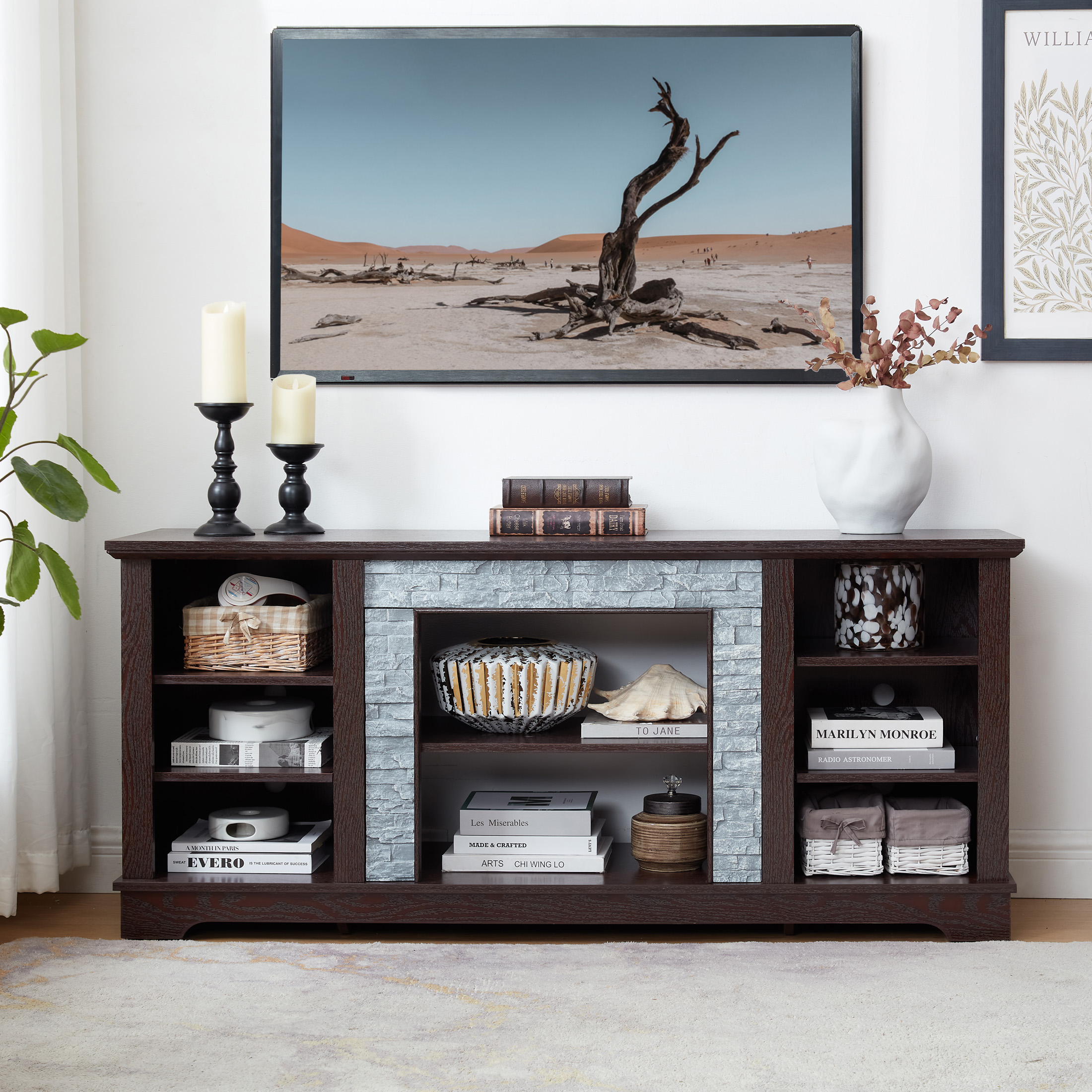 Aukfa TV Stand for TVs up to 65" with Faux Stacked Stone Surround for Living Room, Cherry