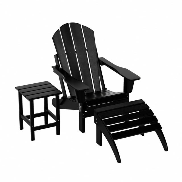 WestinTrends Malibu Outdoor Lounge Chairs, 3-Pieces Adirondack Chair Set with Ottoman and Side Table, All Weather Poly Lumber Patio Lawn Folding Chair for Outside Pool Garden Backyard, Black