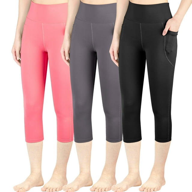 BIG ELEPHANT Paquete de 3 Pantalones de Yoga de Cintura Alta para Niñas - Leggings Capri Atléticos para Entrenamiento con Bolsillos Laterales, Perfectos de Running, Bailar y Fitness, Tallas S-XXL