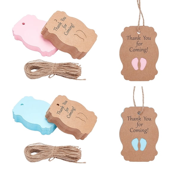 100pcs Baby Shower Tags Baby Feet Thank You Tags Party Gift Tags Kraft Paper Guest Gift Tag with Natural Jute Twine for Birthday Party Pink Blue