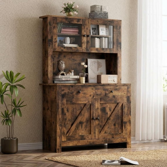 63" Rustic Brown Tall Farmhouse Kitchen Pantry Cabinet with Microwave Stand, Freestanding Pantry Hutch Cabinet with Adjustable Shelves, Drawers & Countertop