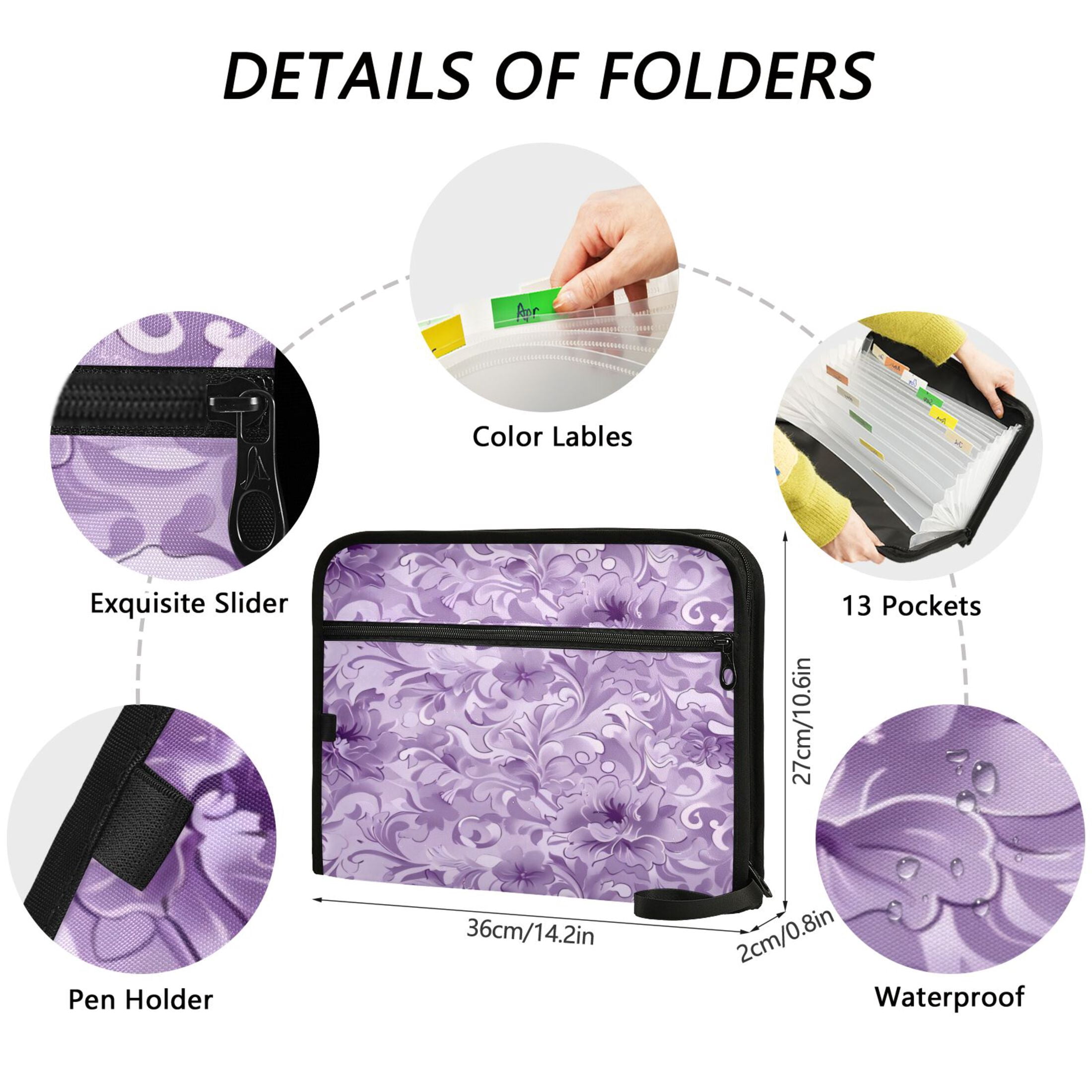 Organ Folder 14.2 x 0.8 x 10.6 Inches 13 Separate Pockets A4 Size Documents Folder A Sort Storage File Manager For The Home Office Purple Flower