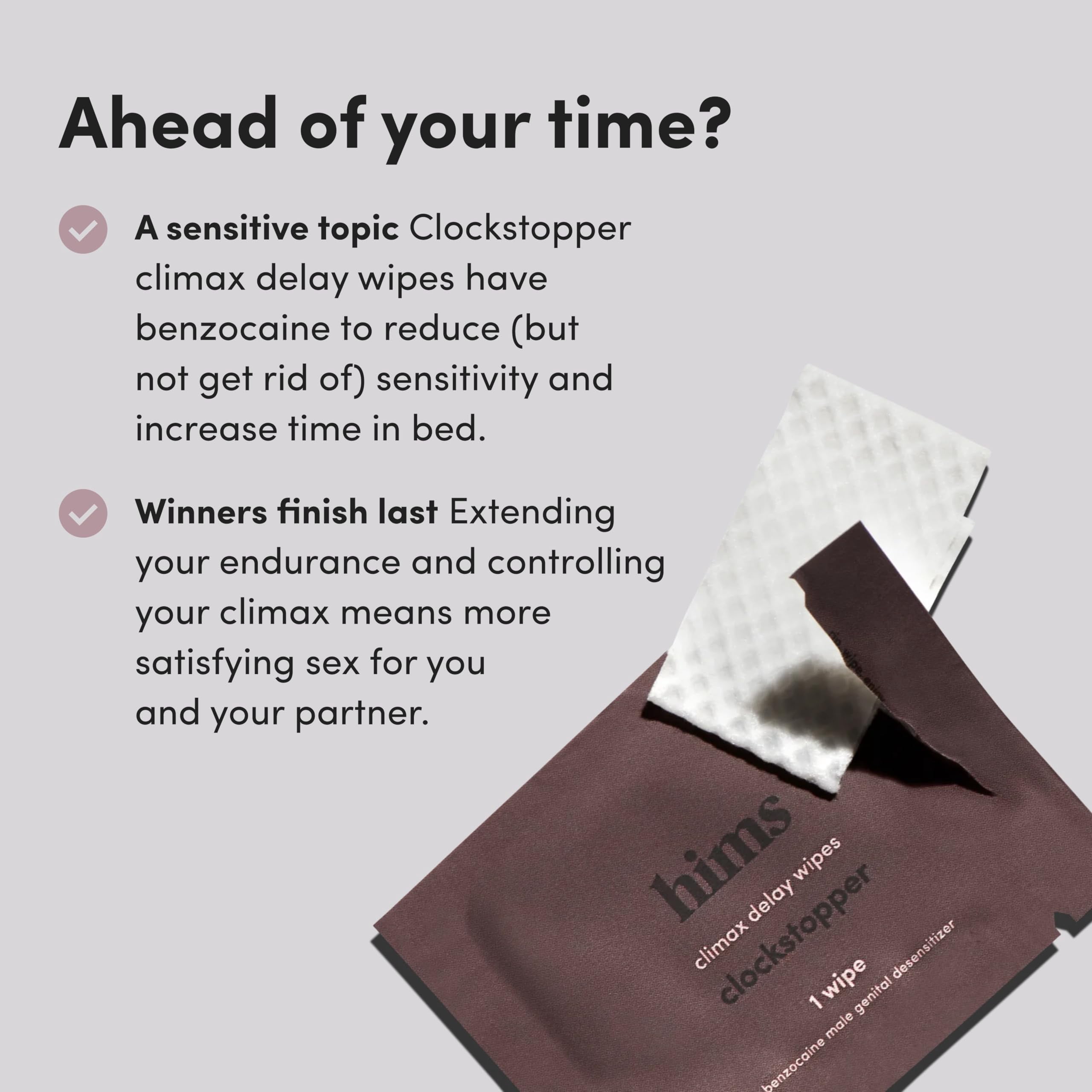 HIMS Clockstopper Climax Delay Wipes with benzocaine to Reduce Sensitivity for Premature Ejaculation and Lasting Longer in Bed 12 Pack Individually Wrapped Wipes