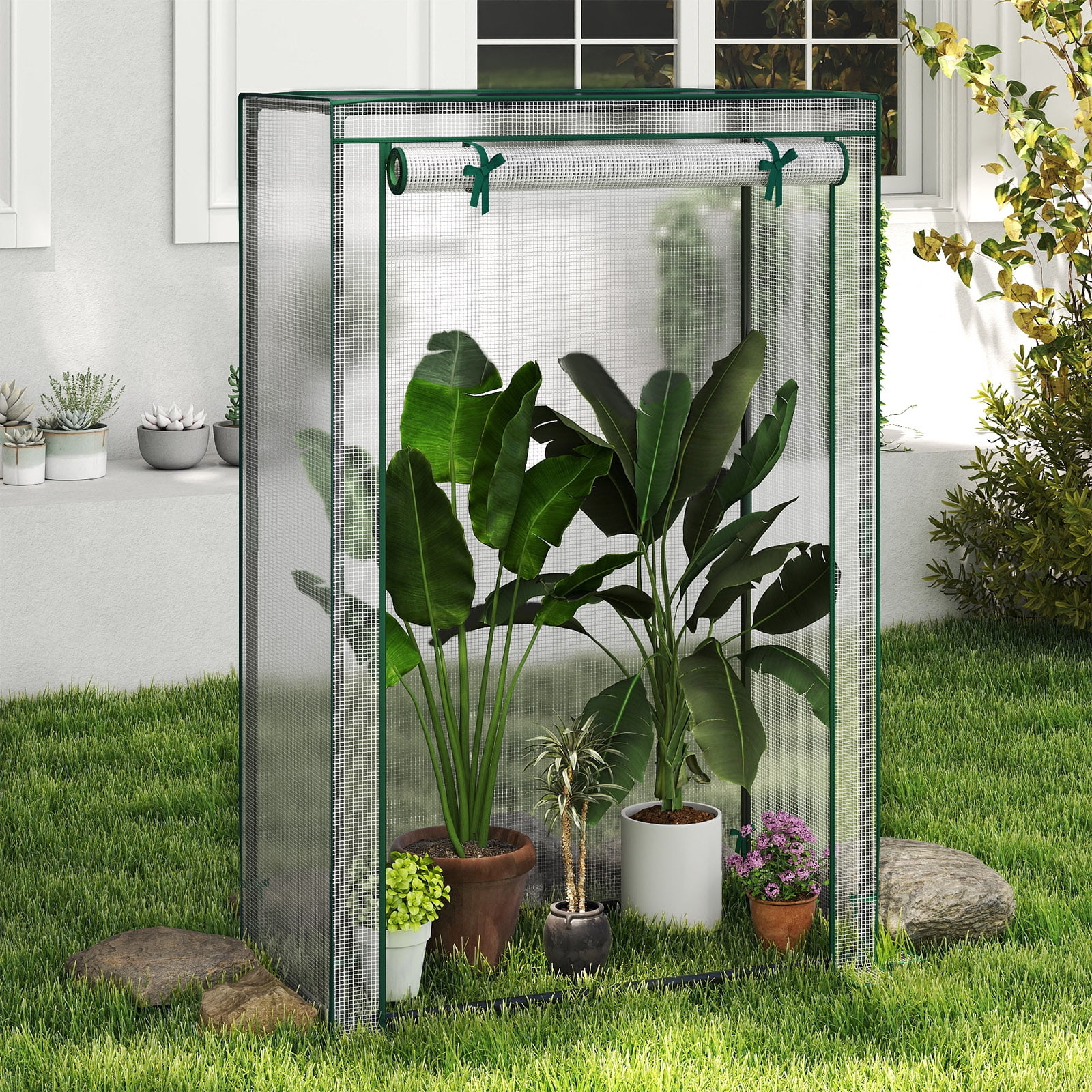 Costway 39” x 20” x 59” Portable Mini Greenhouse with Roll-Up Zippered Door, Indoor Outdoor White