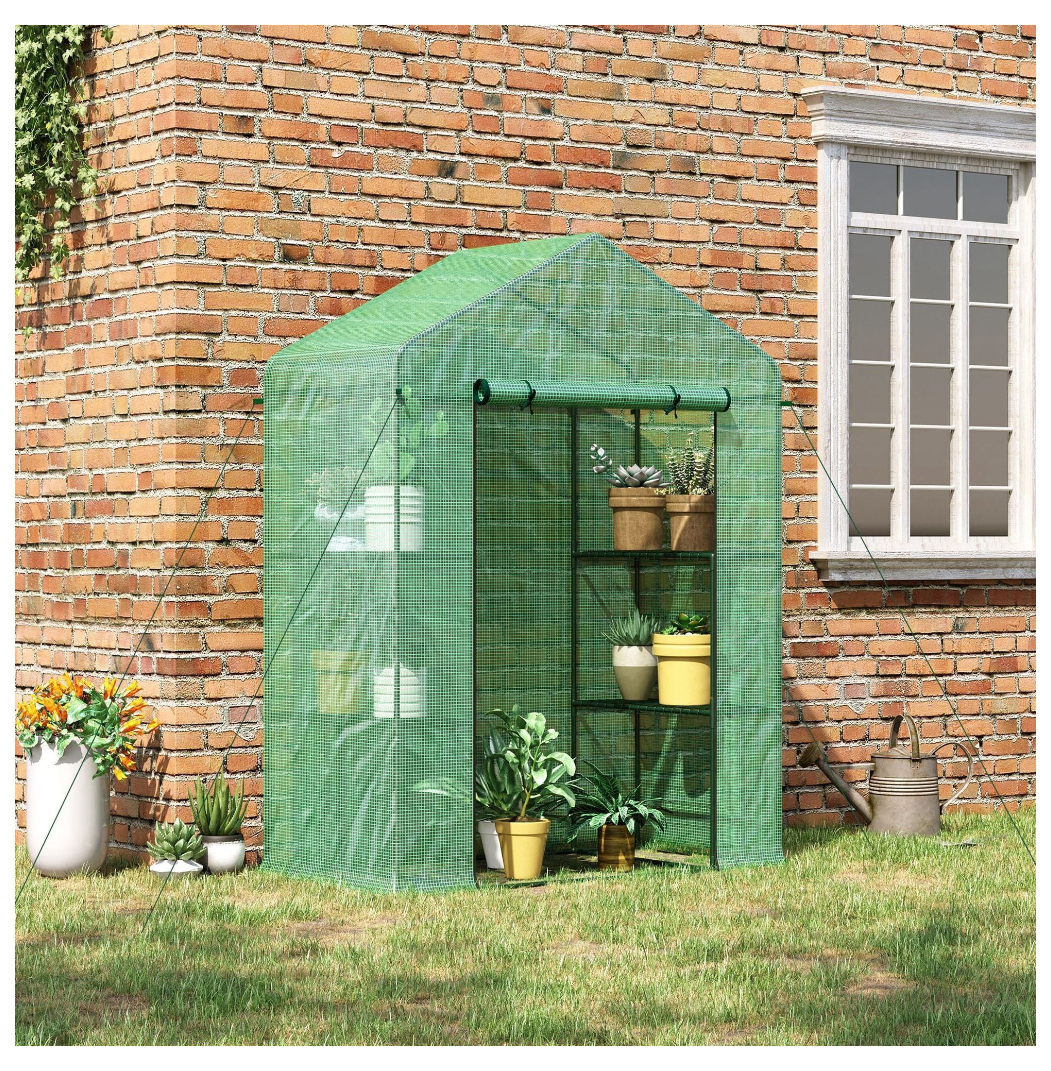 56" x 29" x 77" Walk-in Greenhouse, Garden Hot House with 3 Tier Shleves, Roll-Up Door and PE Cover, Green