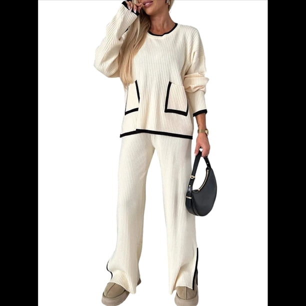 Conjunto de 2 Piezas para Mujer: Jersey de Punto de Larga Informal y Pantalón de Pierna . Conjunto Deportivo para Estar en Casa. M