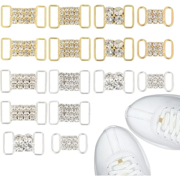16Pcs Slider Buckles Metal Shoe Clips Alloy Shoelaces Charms Crystal Rhinestone Connector Shoe Laces Charms Buckles for DIY Shoes Clothes Sneakers