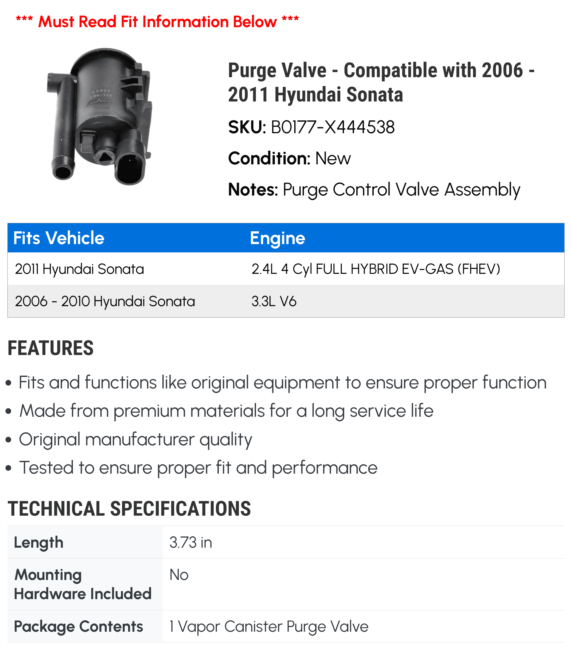 Purge Valve - Compatible with 2006 - 2011 Hyundai Sonata - Dorman