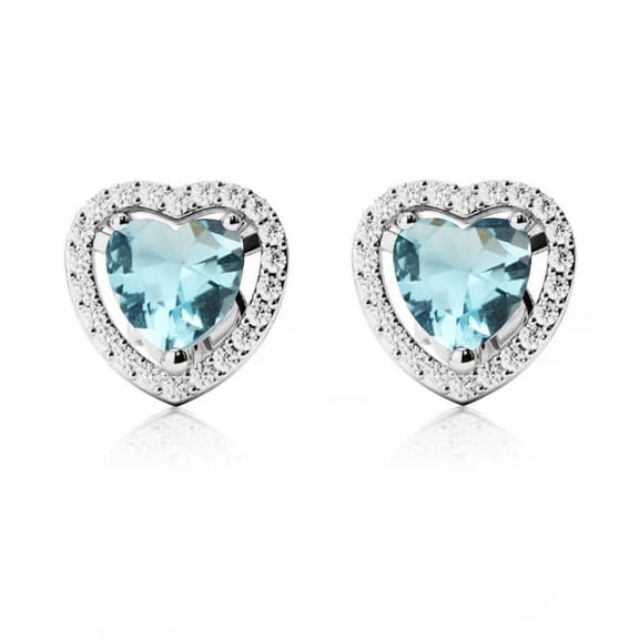 14k White Gold Halo Heart Aquamarine Stud Earrings Gift for Her Women's Plated by Paris Jewelry
