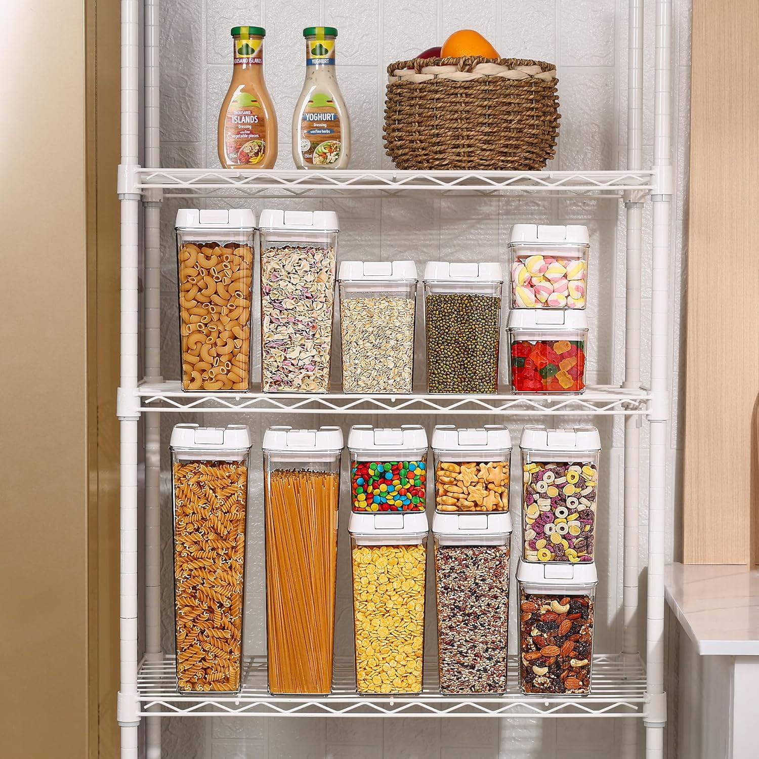 Airtight Food Storage Containers, 7-Piece BPA-Free Plastic Cereal Storage Jars with Easy-Lock Lids for Kitchen Pantry Organization, 24 Labels, White