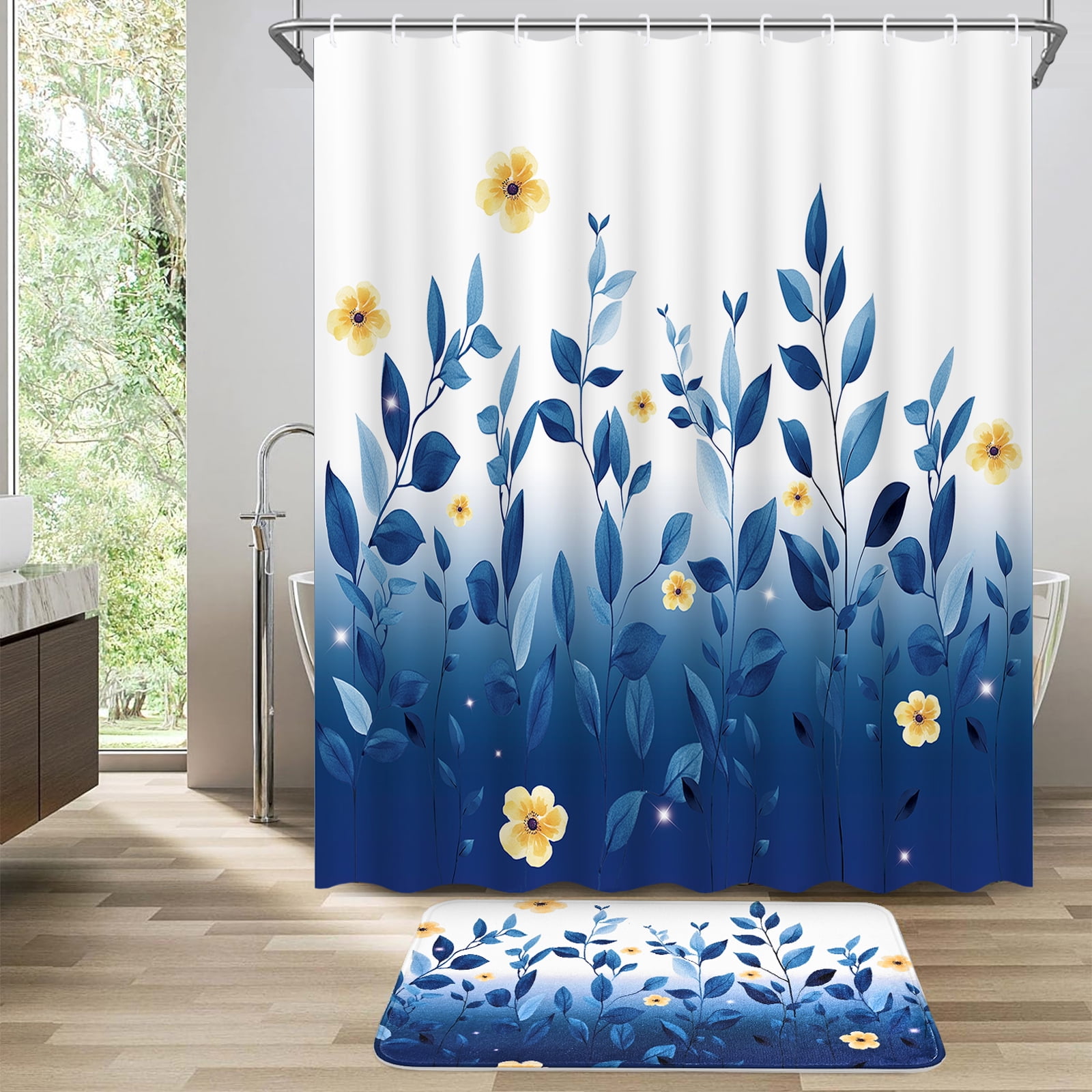 FRAMICS 16-Piece Ombre Floral Shower Curtain Sets with Rugs, Blue Eucalyptus Leaves Bathroom Sets, Waterproof Fabric Bathroom Curtain Decor with Hooks