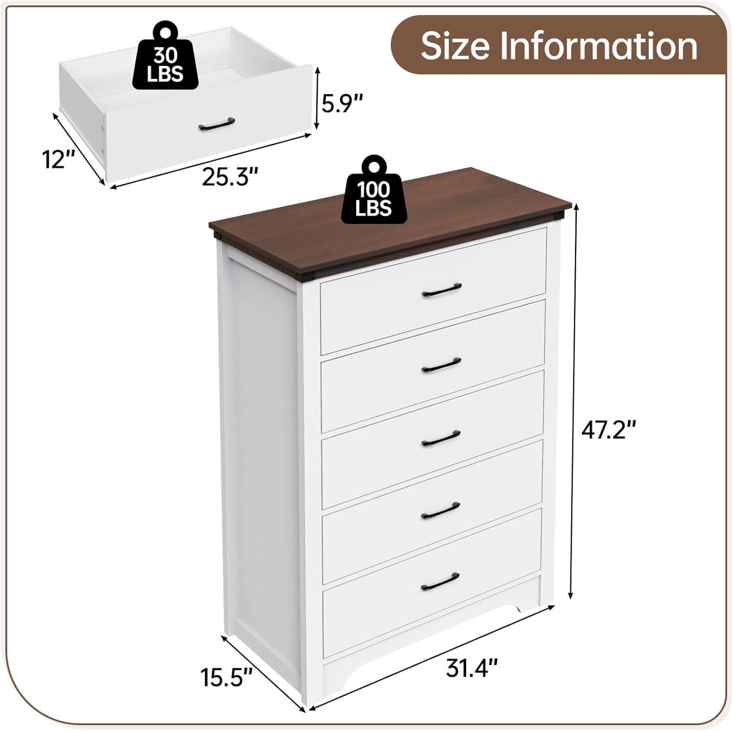 Farmhouse 5 Drawer Dresser for Bedroom, 47" Tall Chest of Drawers, Wood White Dresser with Deep Drawers, Storage Dressers Organizer for Bedroom, Living Room, Hallay, White