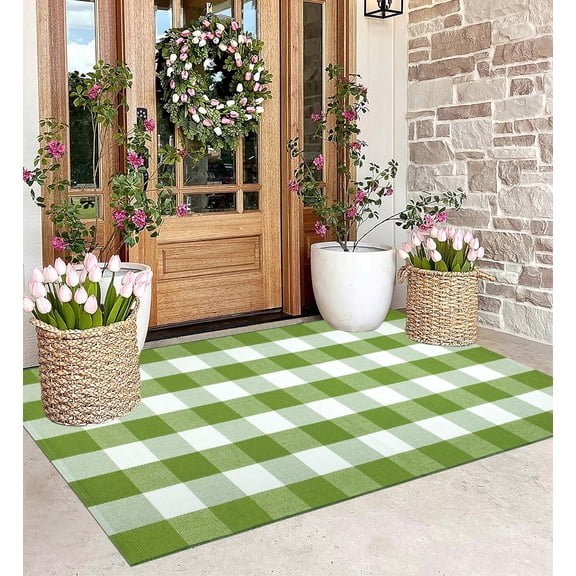 Green and White Buffalo Plaid Rug 3'x5'Checkered Outdoor Rug Farmhouse Front Porch Rug Machine Washable Front Door Mat Outdoor for Hello Welcome Mat,Bedroom,Entryway,Patio