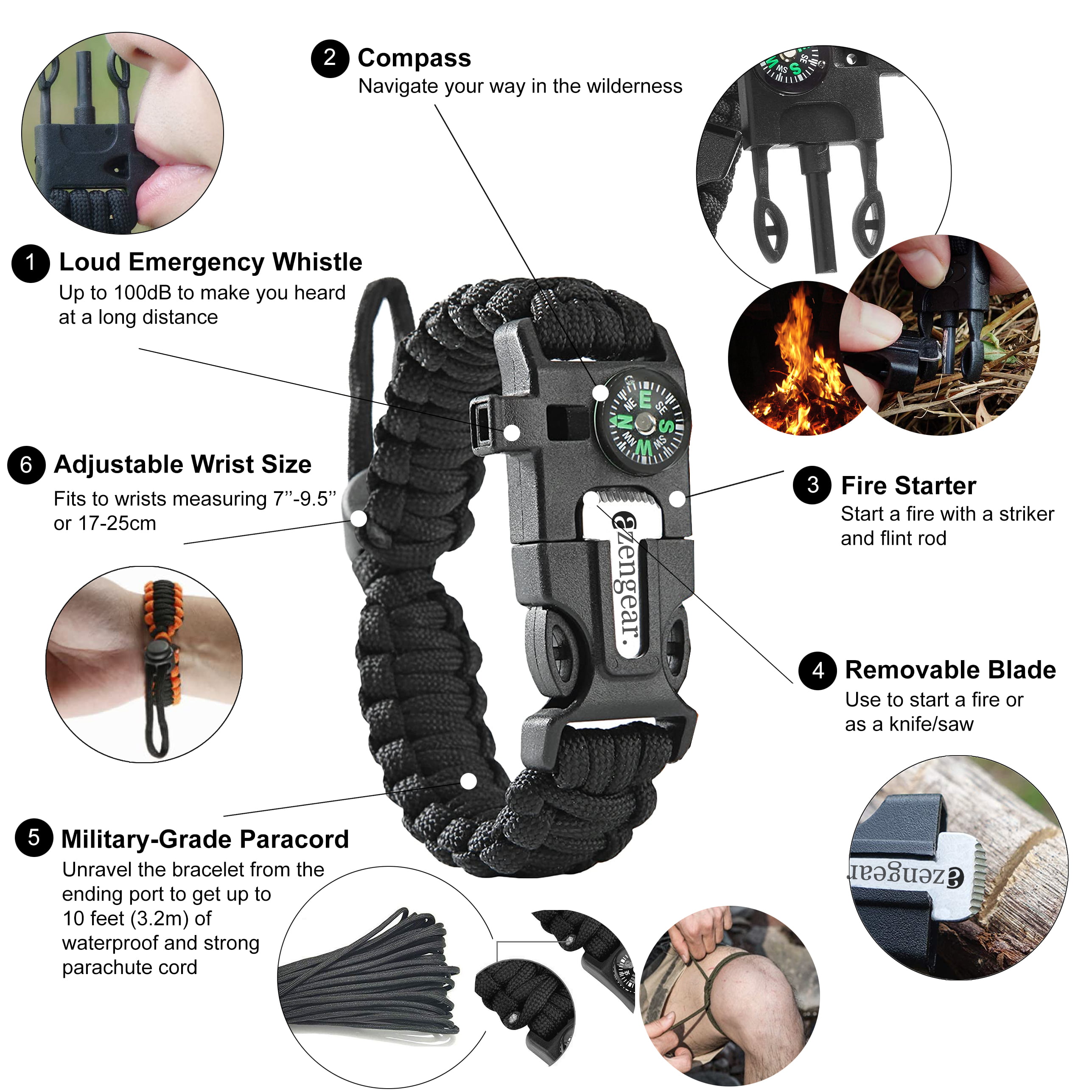 LeMotech 21 in 1 Adjustable Paracord Survival Bracelet Tactical Emergency  Gear Kit Includes SOS LED Flashlight Bigger Compass Thermometer Rescue  Whistle and Fire Starter  Outdoor Hiking Camping  Walmartcom