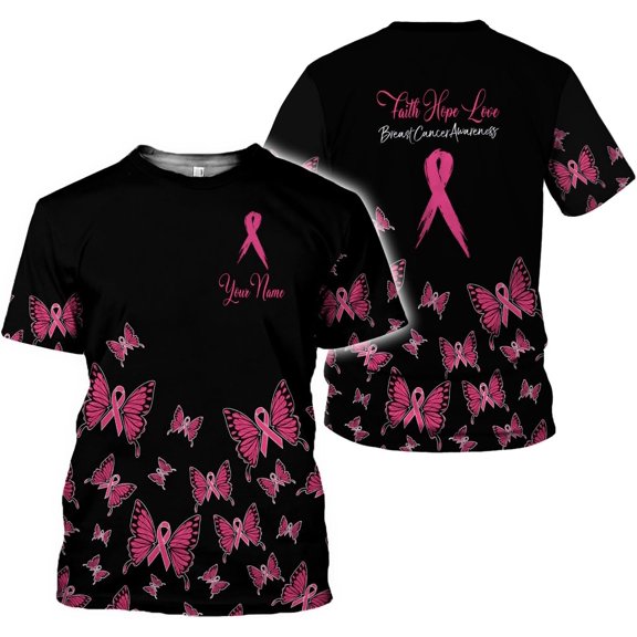 Personalized Breast Cancer 3D Shirt, Pink Ribbon Awareness T-Shirt, Survivor Pride Tshirt Breast Cancer Shirt (S)