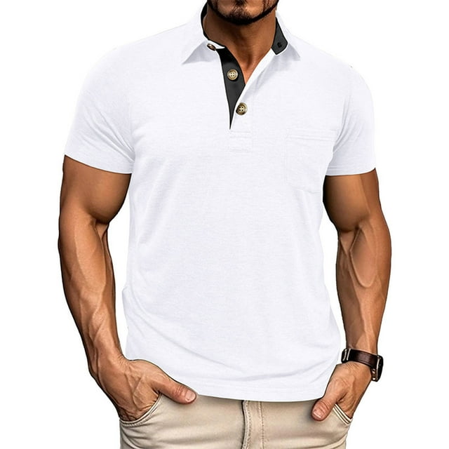 Golf Shirts for Men with Pocket Short Sleeve T-Shirts Mens Casual Solid Color Pullover Button Collared Slim Breathable Athletic Workout Tees Tops
