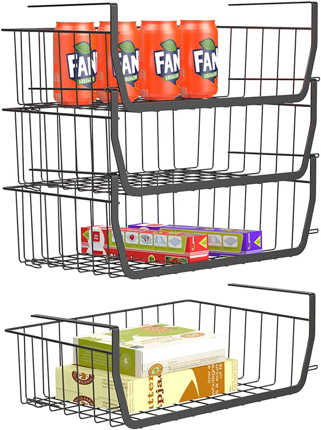 4 Pack Black Under Shelf Wire Basket Hanging Storage Baskets, Under Cabinet Add-on Storage Racks Slide-in Baskets Organizer for Kitchen Pantry Desk Bookshelf
